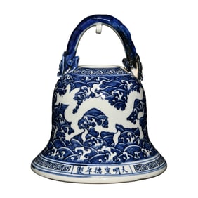 Chinese Blue Ande White Porcelain Fortune Dragon Bell Statue