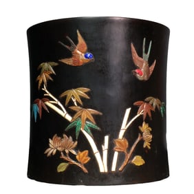 Chinese Zitan Wood Inlay Shoushan Stone & Shell & Lapis Lazuli & Turquoise Bird Design Brush Pot