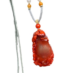 Superb Chinese Nanhong Agate Carved Plum Flower & Magpie Pendant