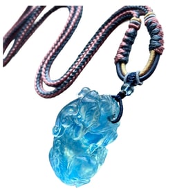 Beautiful Natural Aquamarine Carved Fortune Pixiu Pendant w Hand Woven Necklace