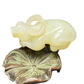 Chinese Natural Hetian Jade Carved Fortune Ox Pendant