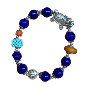 Hand Woven Silver & Lapis Lazuli & Turquoise & Beeswax Beads Bracelet