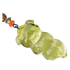 Beautiful Yellow Crystal Carved Fortune Pig Pendant w Hand Woven Necklace