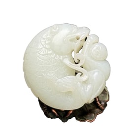 Chinese Natural Hetian Jade Carved Fish & Kid Pendant