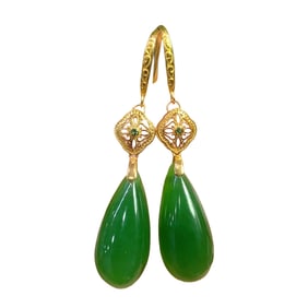A Pair Beautiful Silver Plated Gilt Gold Inlay Green Hetian Jade Earring