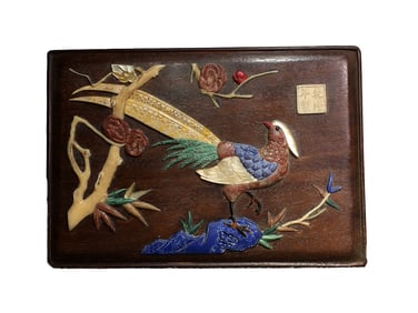 Vintage Chinese Huali Wood Inlay Shoushan Stone & Lapis Lazuli & Shell Jewellery Box