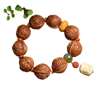 Vintage Walnut Carved Pine Tree & Bamboo & Plum Flower Beads Bracelet