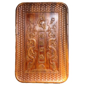 Vintage Chinese Huanghuali Wood Carved Double Dragon Tea Tray