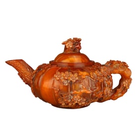 Superb Vintage Ox Horn Carved Plum Flower & Magpie Teapot
