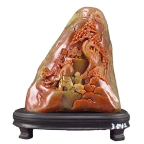 Chinese Shoushan Stone Carved Pine Tree & Figure Statue