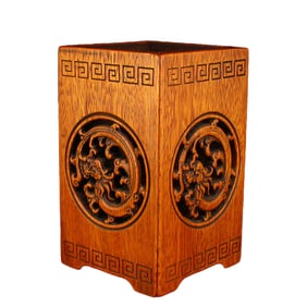 Openwork Chinese Wood Carved Fortune Dragon Brush Pot