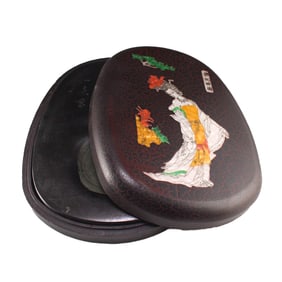 Vintage Chinese Poetic Prose Duan Inkstone With Lacquerware Inlay Shell Box