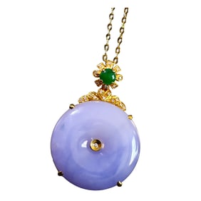Beautiful 18K Gold Inlay Purple Jadeite Lucky Round Pendant w Necklace