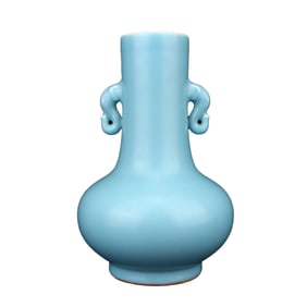 Chinese Sky Blue Glaze Elephant Head Double Ears Porcelain Vase