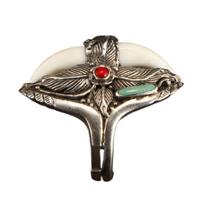 Chinese Pure Silver Inlay Turquoise & Coral Men's Ring Adjustable Size