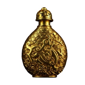 Old Chinese Gilt Gold Bronze Low Relief Fortune Pixiu Snuff Bottle