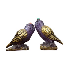 A Pair Old Chinese Gilt Gold Peking Glass Parrot Snuff Bottle w Stopper