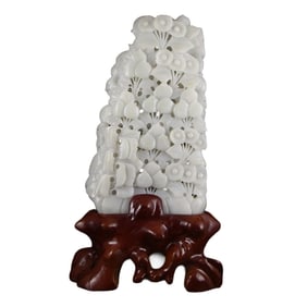 Chinese Natural Hetian Jade Statue - Peacock & Flowers