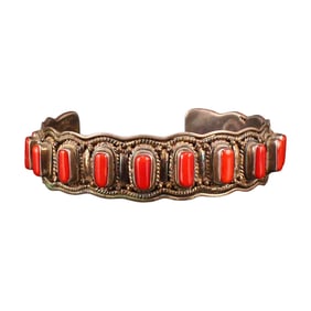Vintage Pure Silver Inlay Red Coral Bracelet