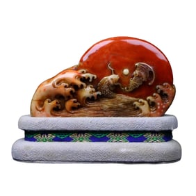 Vintage Chinese Shoushan Stone High Relief Carp & Bat Seal w Box