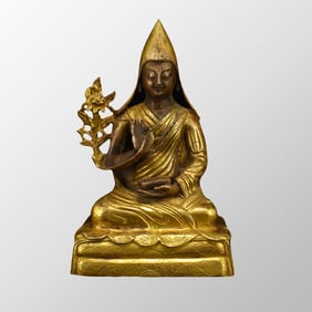 Vintage Tibetan Buddhism Gilt Gold Red Copper Tsongkhapa Statue