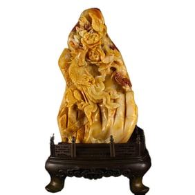 Chinese Shoushan Stone Phoenix & Peony Statue