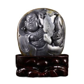 Chinese Natural Hetian Jade Carved Arhat & Beast Statue