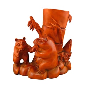 Chinese Boxwood Wood Brush Pot w Pandas
