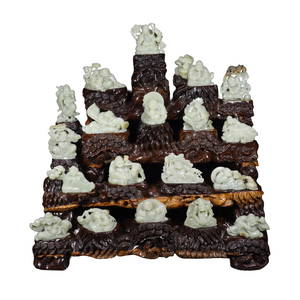 Exquisite Chinese Hetian Jade Carved Eighteen Arhats Statues w Wood Base