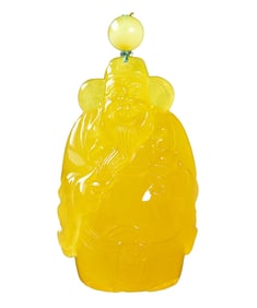 Beautiful Beeswax Carved Fortune Taoism Deity Pendant w Hand Woven Turquoise Beads Necklace