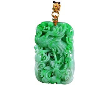 Exquisite Jadeite Carved Phoenix Pendant w Hand Carved Chenxiang Wood Beads Necklace