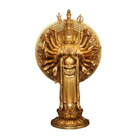 Superb Old Tibetan Gilt Gold Copper Thousand-Hand Guanyin Statue