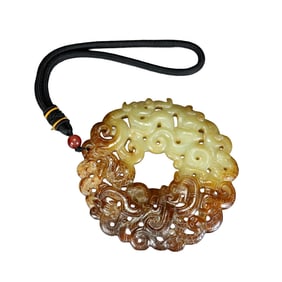 Openwork Vintage Chinese Hetian Jade Carved Fortune Dragon Jade Bi Pendant