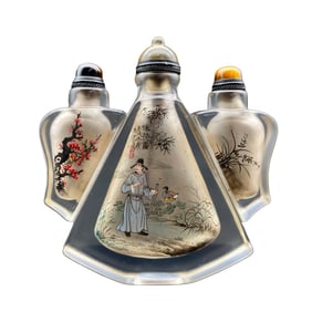 Old Chinese Peking Glass Inside Painting Figure Design Conjoined Snuff Bottle w Stopper