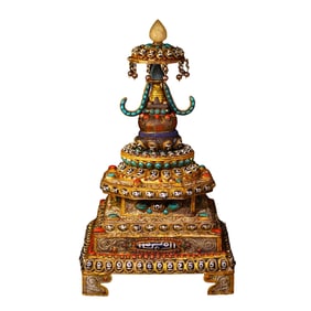 Tibetan Silver Wires Inlay Gem & DZI Agate Stupa Statue