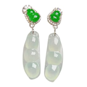 A Pair Exquisite 925 Sivler Inlay Jadeite Pea Pod Earring