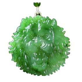 Chinese Natural Green Hetian Jade Carved Fortune Lion Pendant