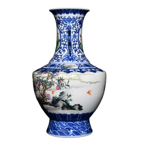 Chinese Qing Dynasty Blue And White Famille Rose Peach & Bat Design Porcelain Vase