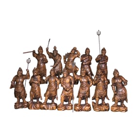 A Set Vintage Chinese Boxwood Wood Carved 12 Divine Generals Statue