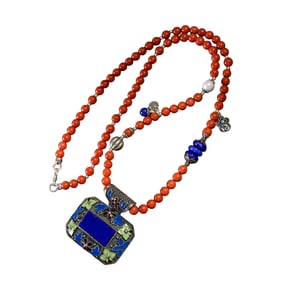 Beautiful 925 Silver Inlay Lapis Lazuli Lucky Pendant w Hand Woven Nanhong Agate Beads Necklace