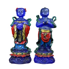 A Pair Chinese Gilt Gold Colored Drawing Peking Glass Carved Kid Statues