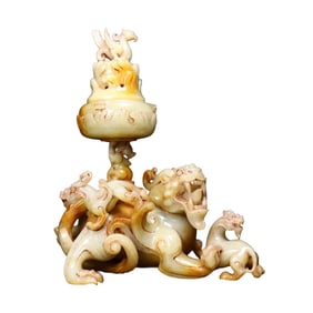 Superb Vintage Chinese Hetian Jade Carved Fortune Beast Incense Burner