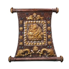 Tibetan Buddhism Gilt Gold Copper Inlay Gems Four Arm Kwan-yin Tangka