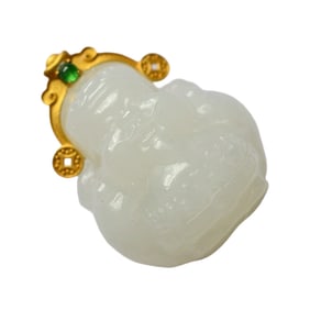 Exquisite Chinese 18K Gold Inlay White Hetian Jade Carved Fortune Taoism Deity Pendant