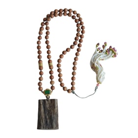 Superb Old Chinese Chenxiang Wood Carved Lucky Pendant w Hand Woven Beads Necklace