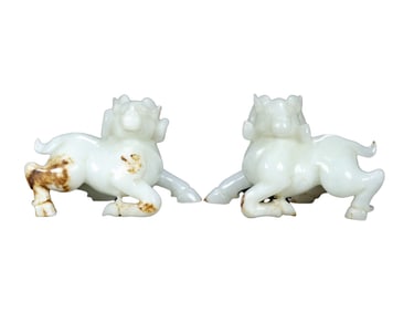 A Pair Superb Chinese White Hetian Jade Carved Fortune Sheep Statues