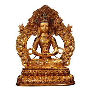 Superb Old Tibetan Gilt Gold Copper Inlay Gems Amitayus Statue