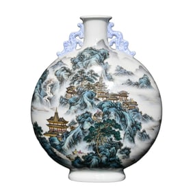 Chinese Qing Dynasty Famille Rose Mountain River Scene Design Porcelain Vase