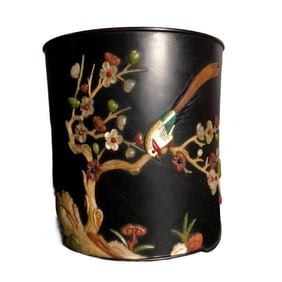 Chinese Zitan Wood Inlay Shoushan Stone Carved Plum Flower & Magpie Brush Pot