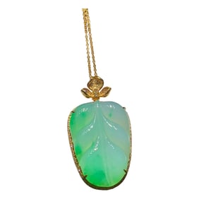 Exquisite 18K Gold Inlay Jadeite Carved Leaf Pendant